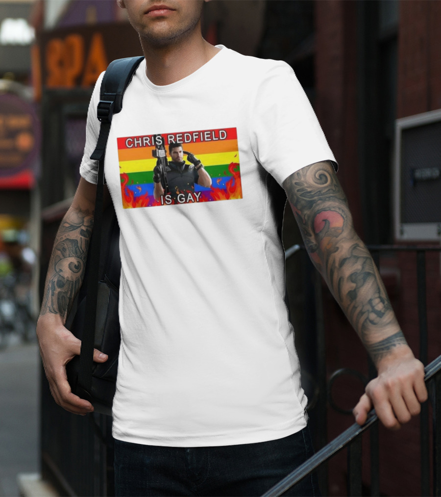 Chris Redfield Is Gay Rainbow Background Flames T-Shirt