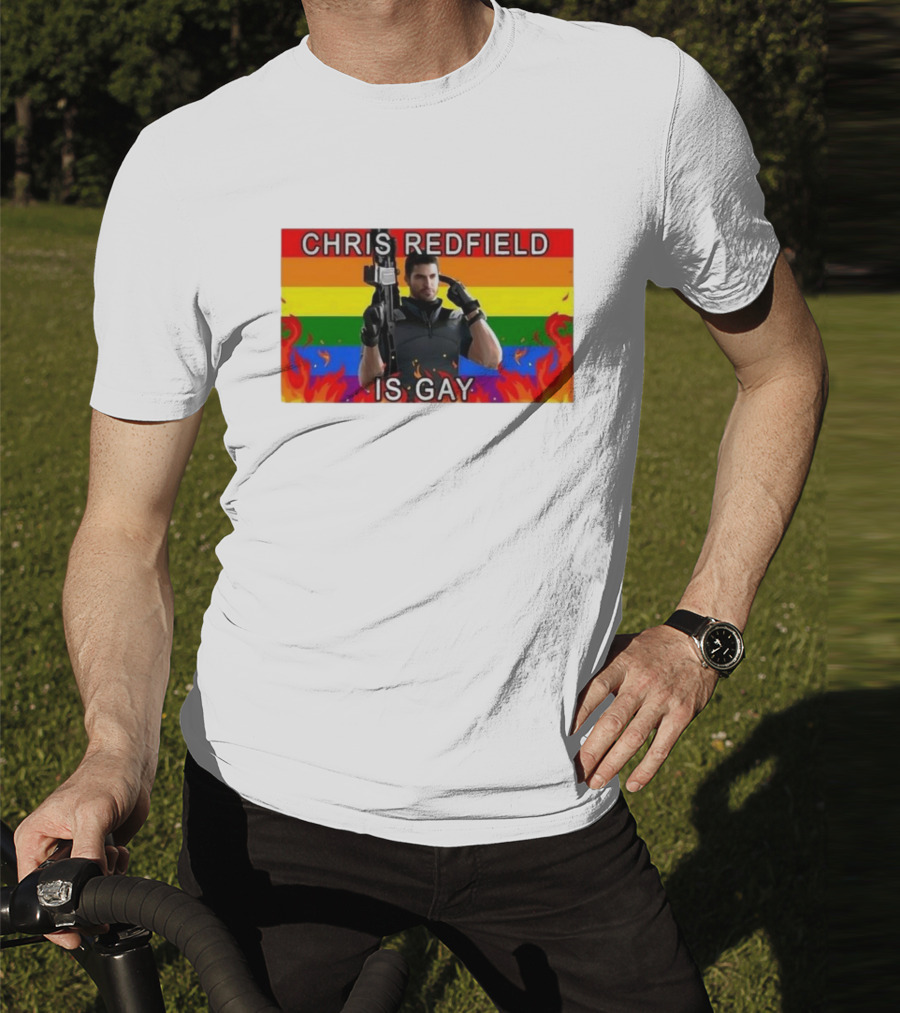Chris Redfield Is Gay Rainbow Background Flames T-Shirt