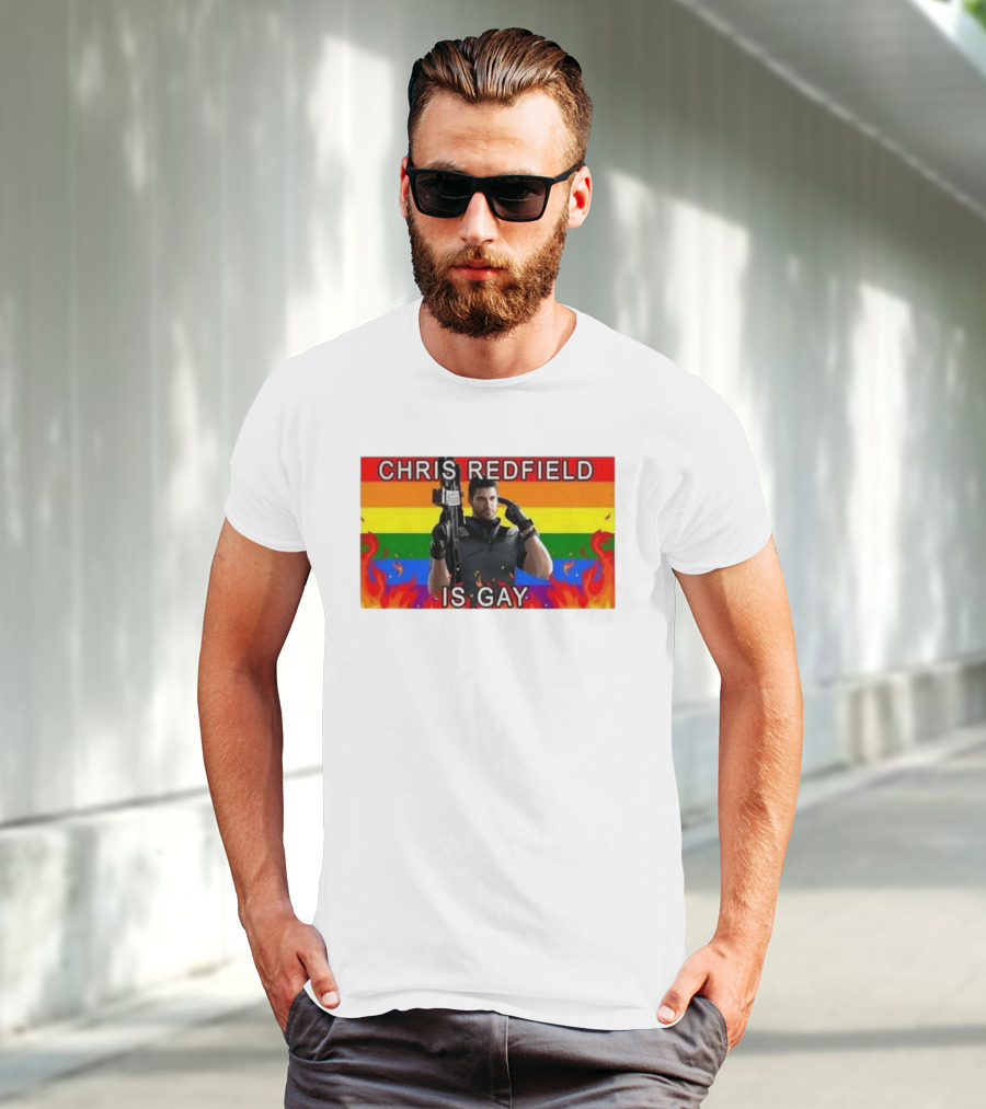 Chris Redfield Is Gay Rainbow Background Flames T-Shirt