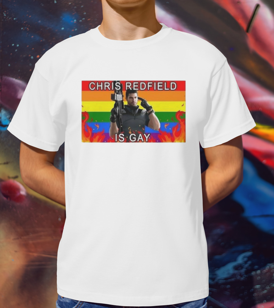 Chris Redfield Is Gay Rainbow Background Flames T-Shirt