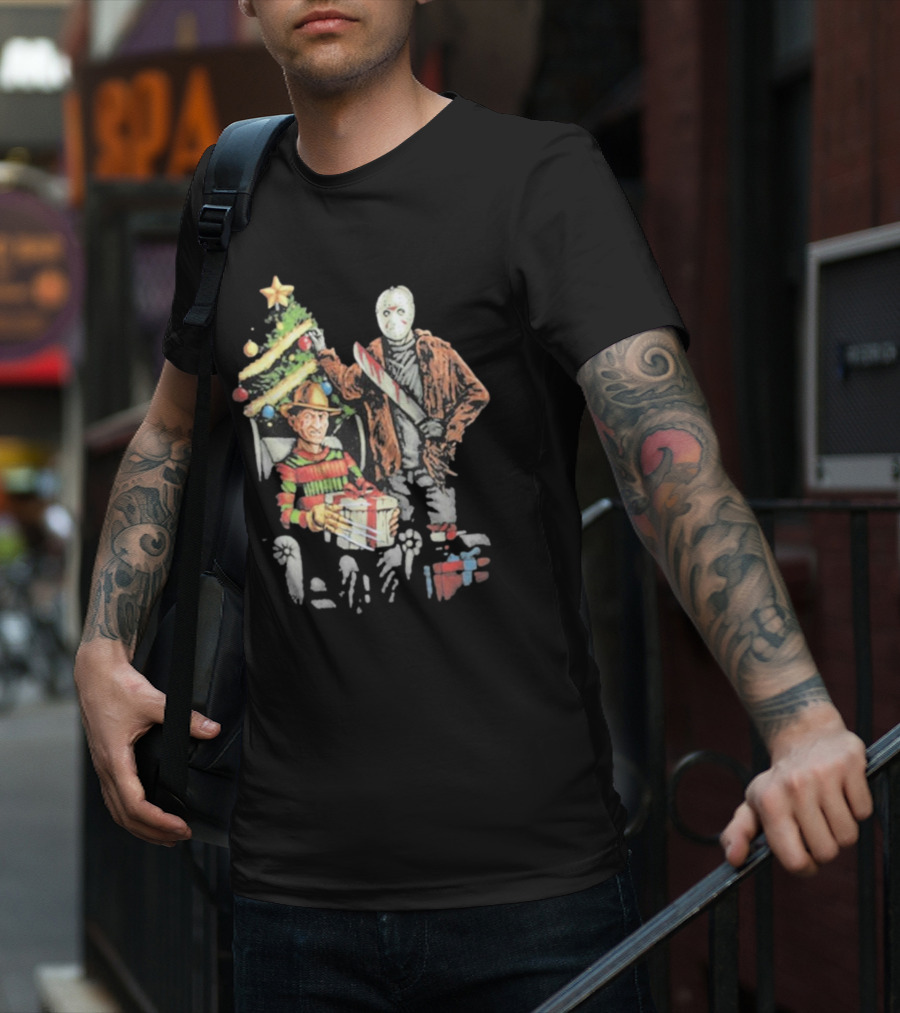 Jason Voorhees Freddy Krueger Christmas Horror Icons Holiday Scene T-Shirt
