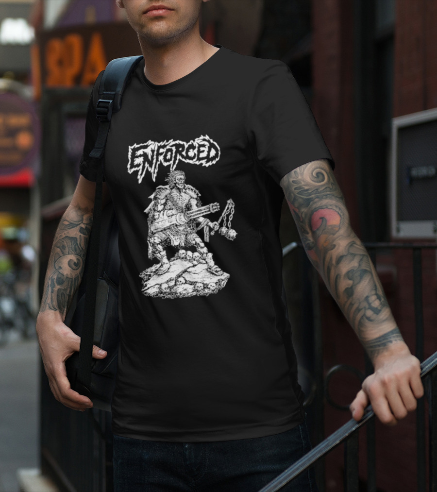 Enforced Sacrament Warrior With Spiked Chains And Machine Gun On Skull Mound T-Shirt