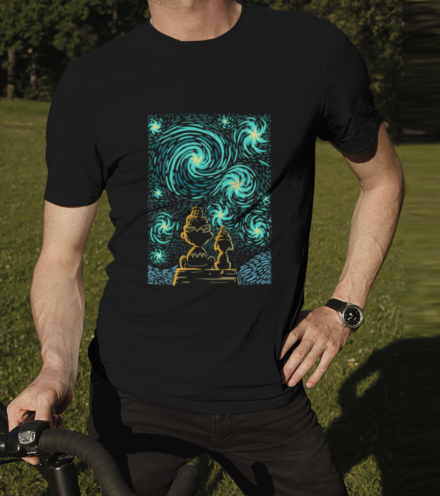 Peanuts Snoopy And Charlie Brown Starry Winter Night Scene T-Shirt
