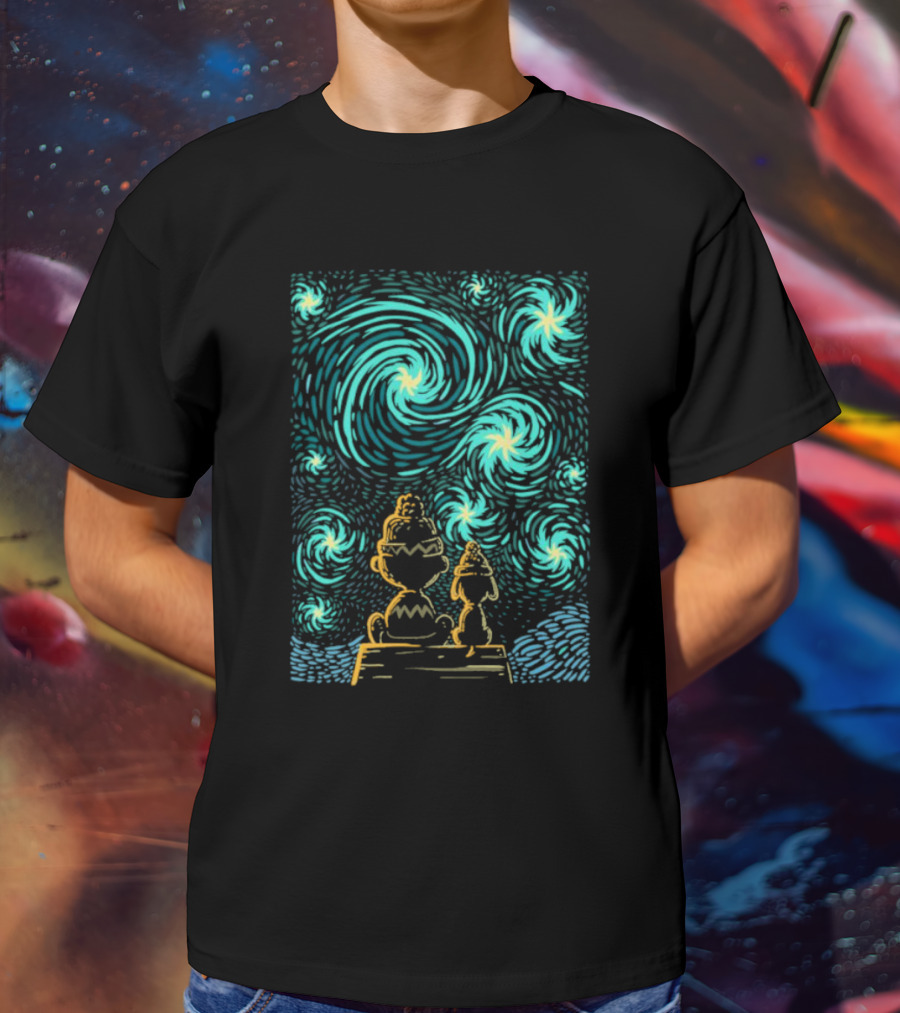 Peanuts Snoopy And Charlie Brown Starry Winter Night Scene T-Shirt