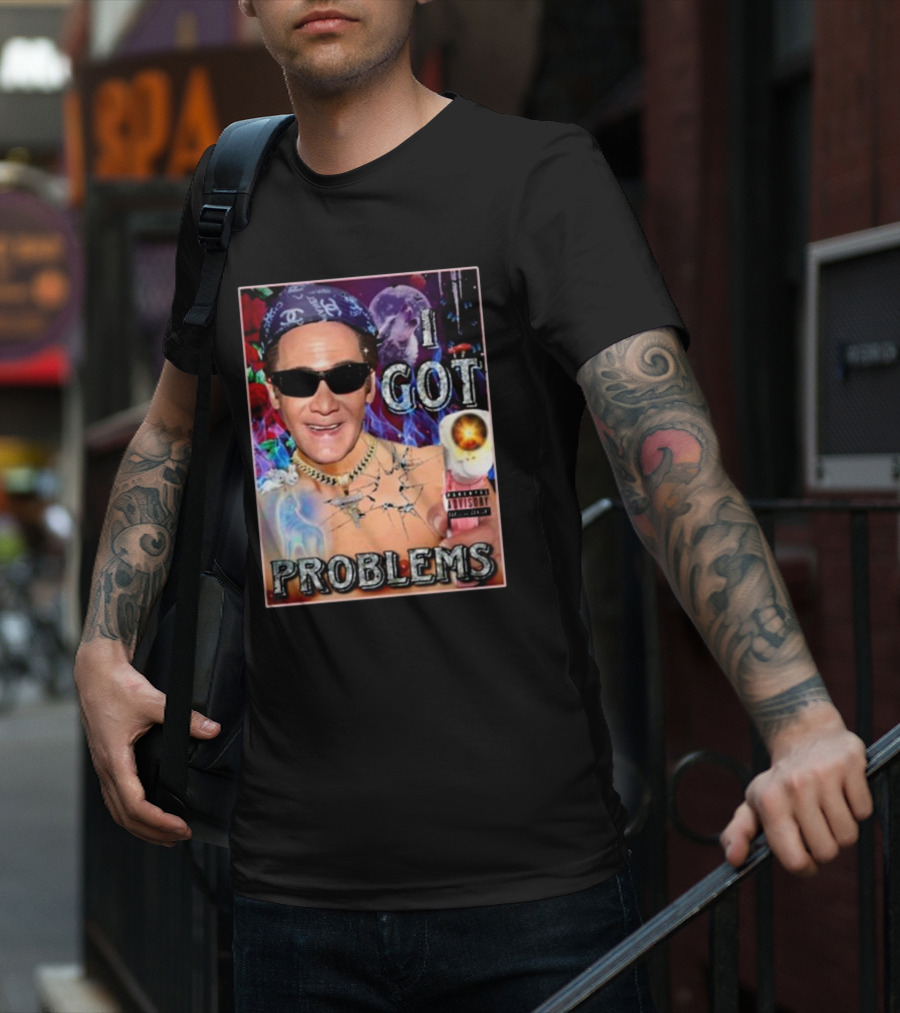 The Jersey Outlaw I Got Problems Colorful Portrait With Sunglasses And Explosive Background T-Shirt