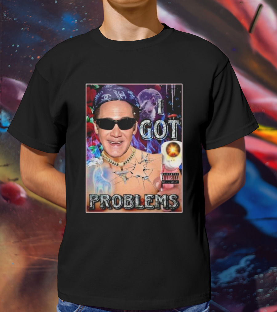 The Jersey Outlaw I Got Problems Colorful Portrait With Sunglasses And Explosive Background T-Shirt