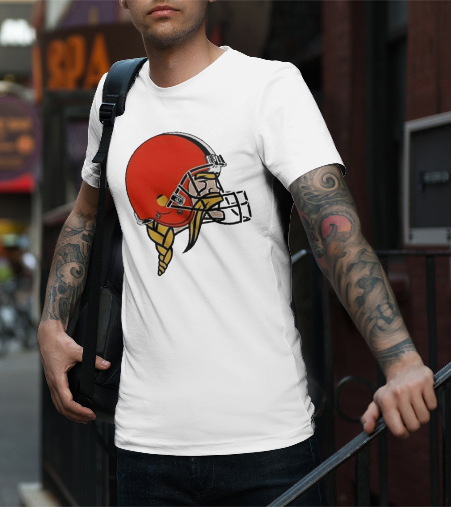 Quality Jay Cuda Browns Vikings Dual Logo Helmet T-Shirt