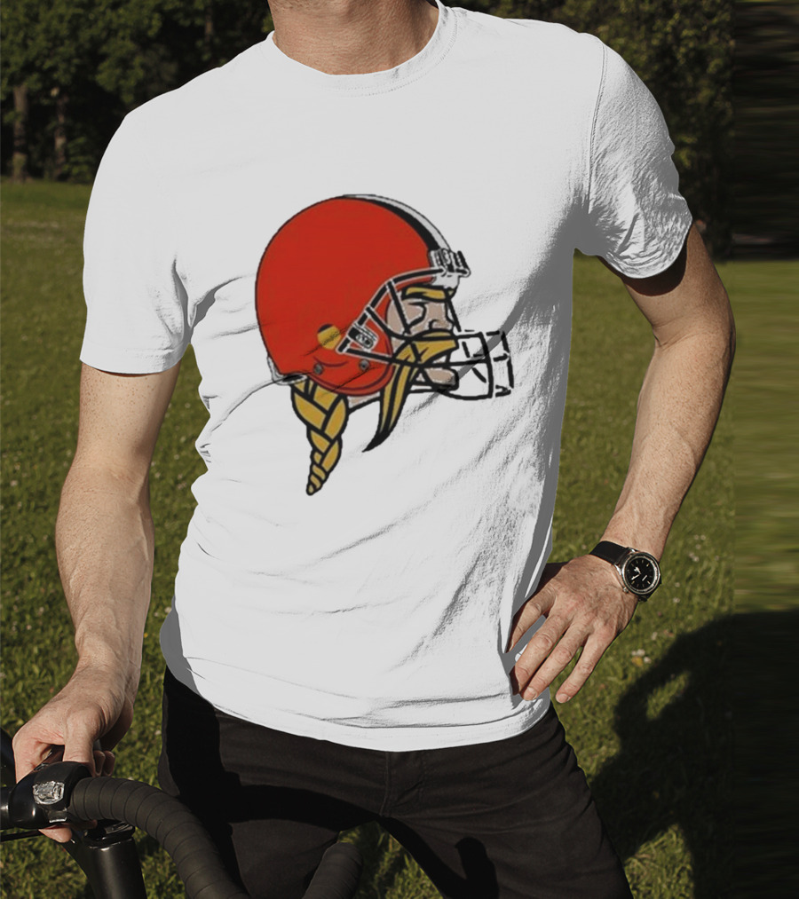 Quality Jay Cuda Browns Vikings Dual Logo Helmet T-Shirt