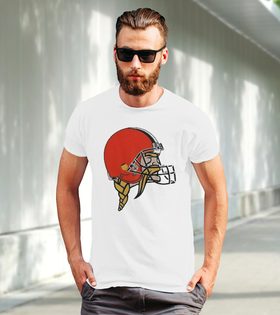 Quality Jay Cuda Browns Vikings Dual Logo Helmet T-Shirt
