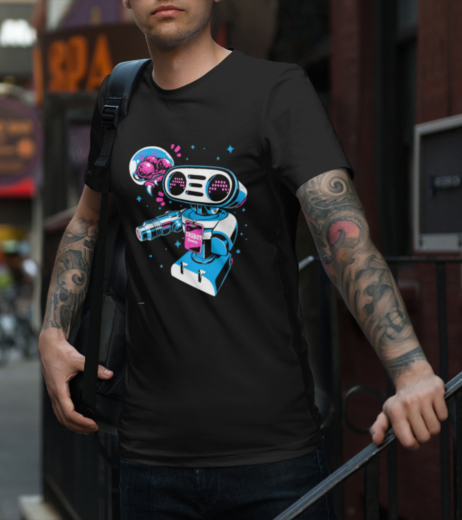 Tasbeam Tasbot Runner Robot With Alien Planet And Retro Sci-Fi Elements T-Shirt