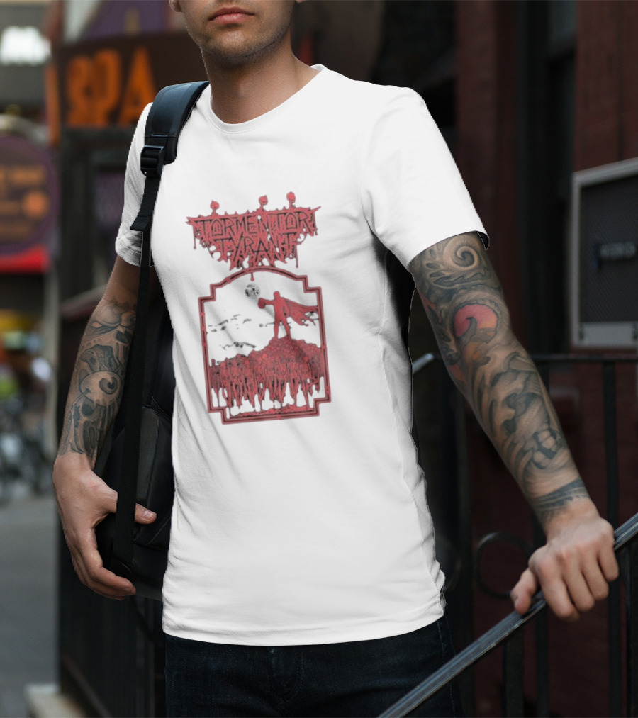 Tormentor Tyrant Red Figure Standing Amidst Crowd Under Moon T-Shirt