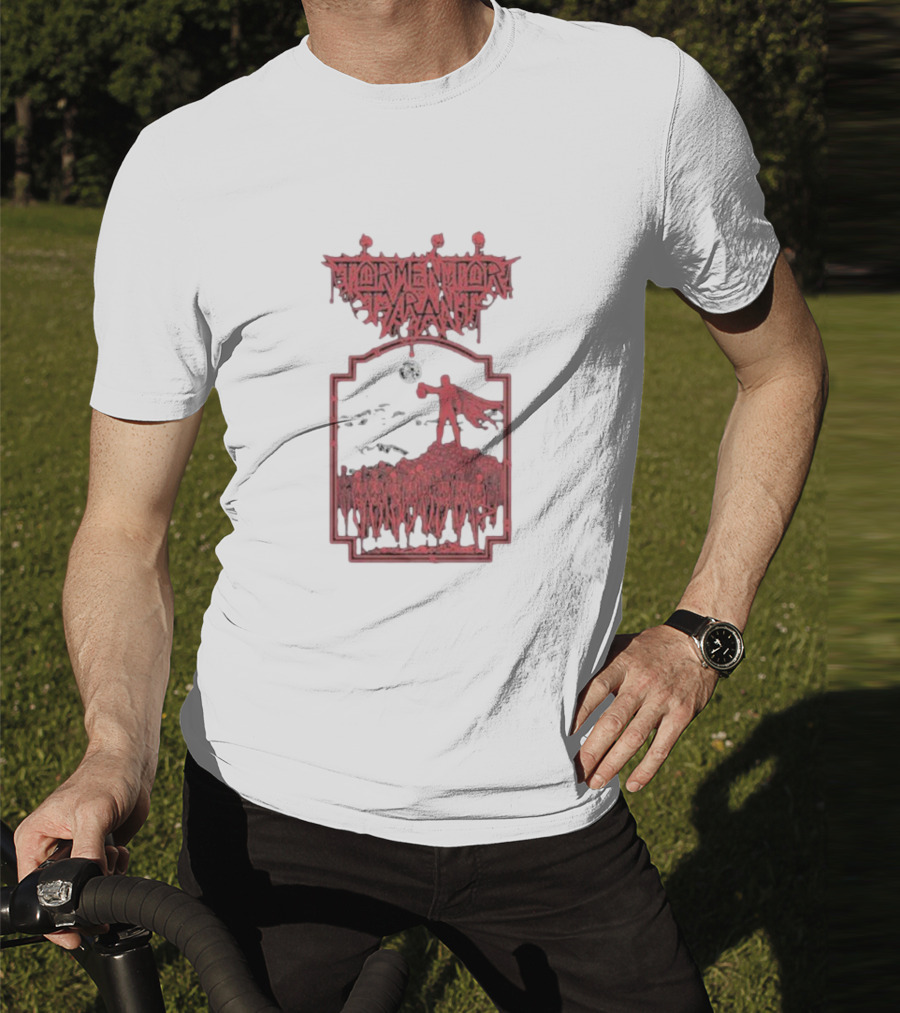Tormentor Tyrant Red Figure Standing Amidst Crowd Under Moon T-Shirt