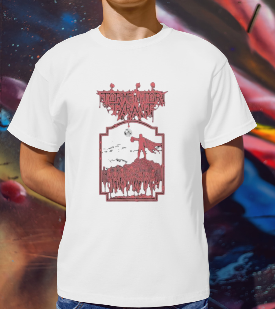 Tormentor Tyrant Red Figure Standing Amidst Crowd Under Moon T-Shirt