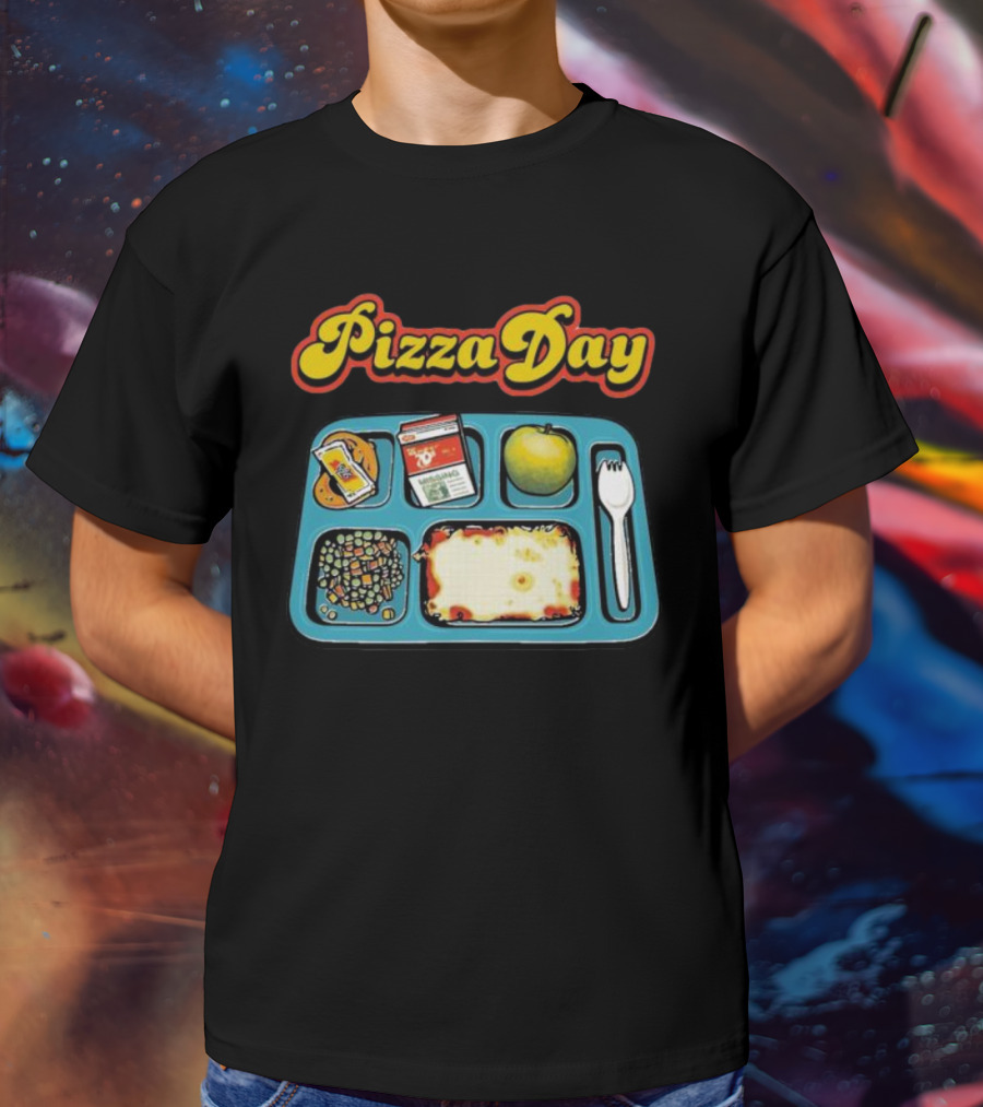 S7s Pizza Day Cafeteria Lunch Tray With Pizza, Milk, Apple, Cookies, Fork, And Vegetables T-Shirt