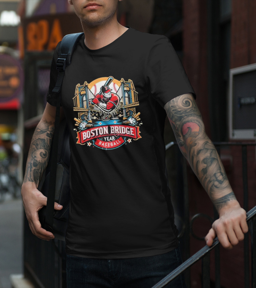 Shawn Palmerdesigns Boston Bridge Baseball Player Crossing Iconic Structure T-Shirt