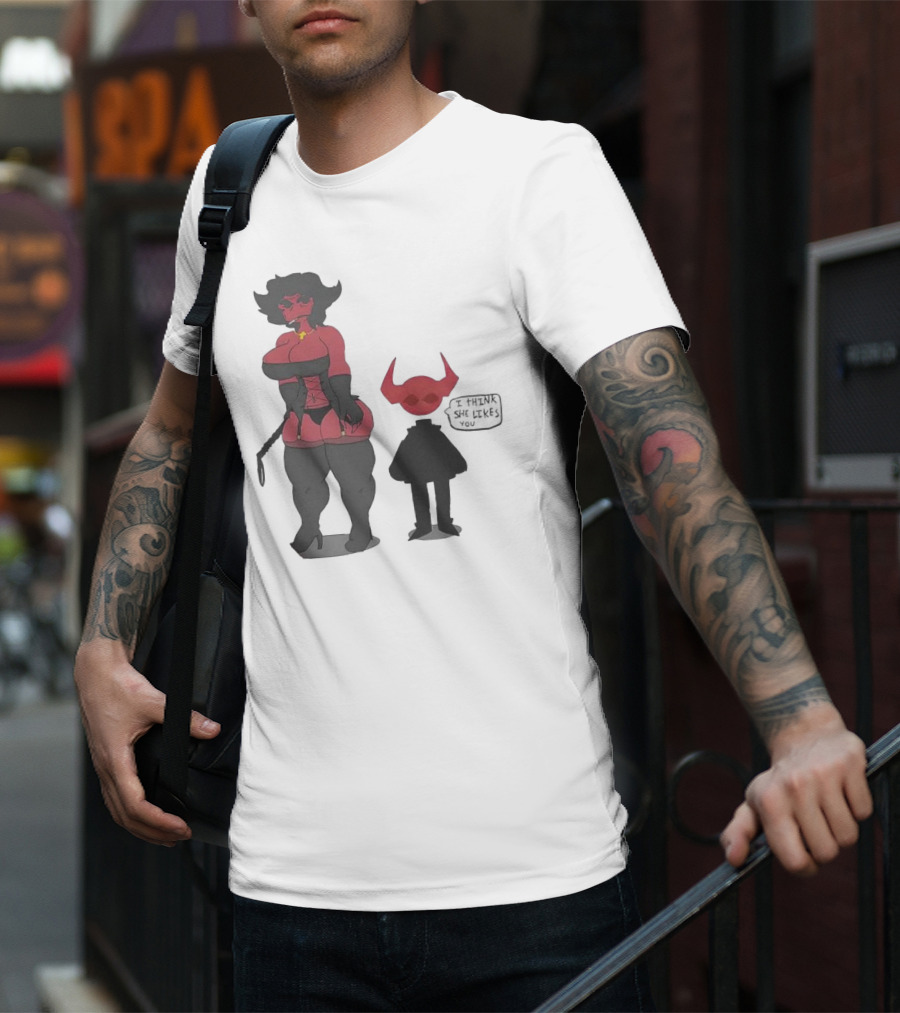 Thewboy I Think She Likes You Dark Humorous Cartoon Characters T-Shirt