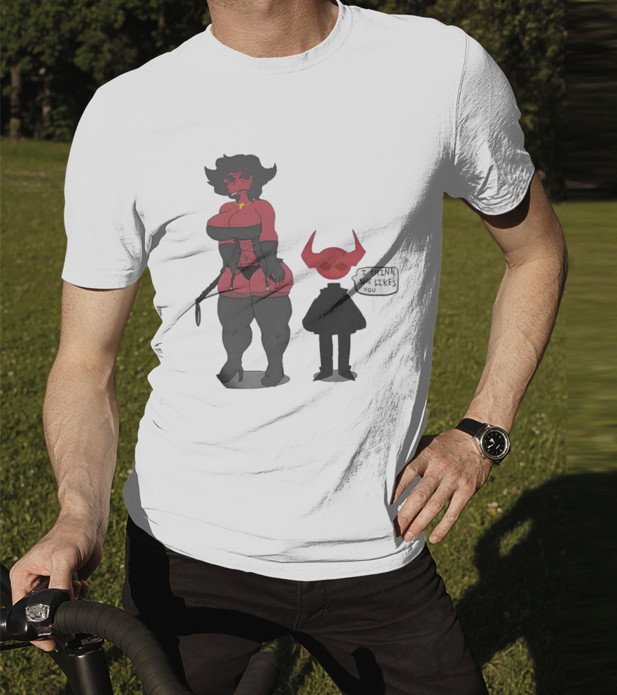 Thewboy I Think She Likes You Dark Humorous Cartoon Characters T-Shirt