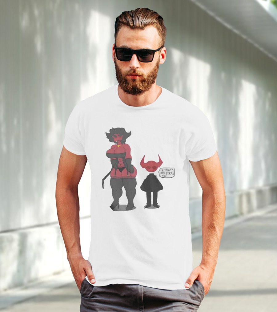 Thewboy I Think She Likes You Dark Humorous Cartoon Characters T-Shirt