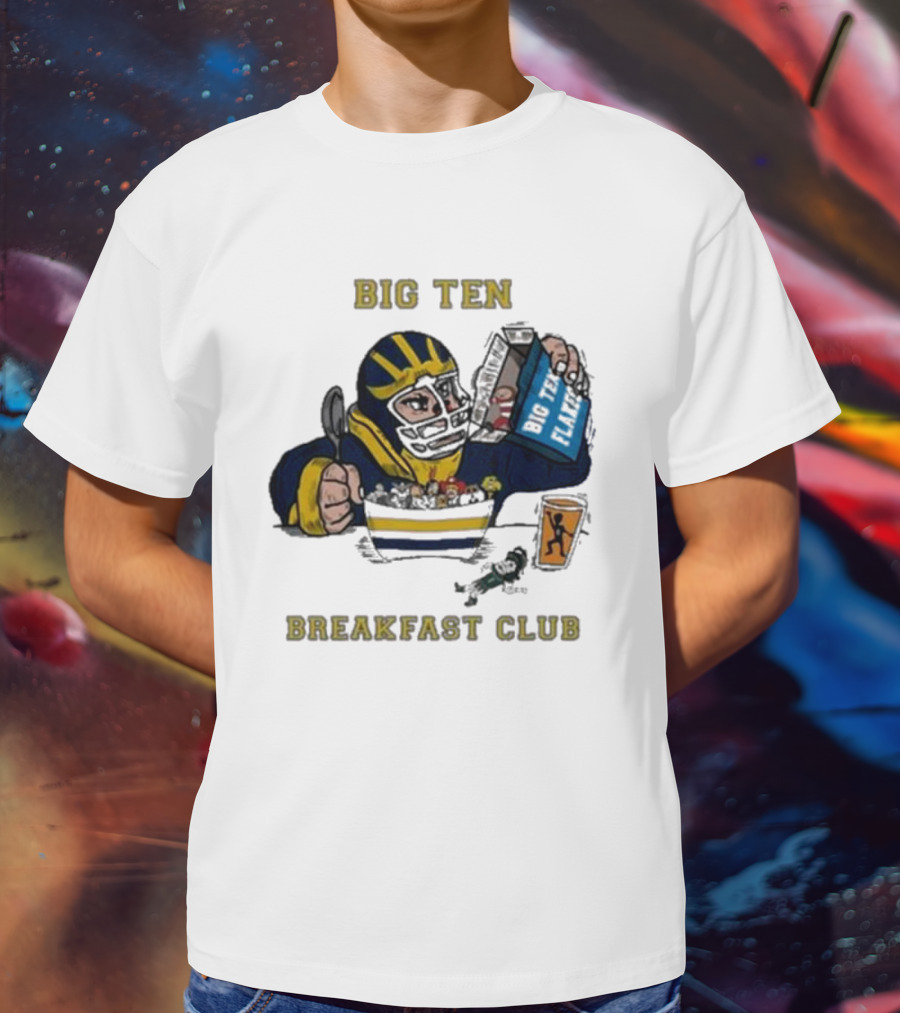 Big Ten Breakfast Club Michigan Wolverines Player Eating Cereal With Blue Box And Orange Cup T-Shirt