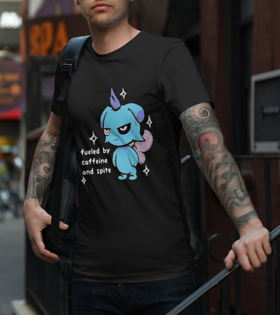 Palworld Fueled By Caffeine And Spite Blue Creature With Pink Stars T-Shirt