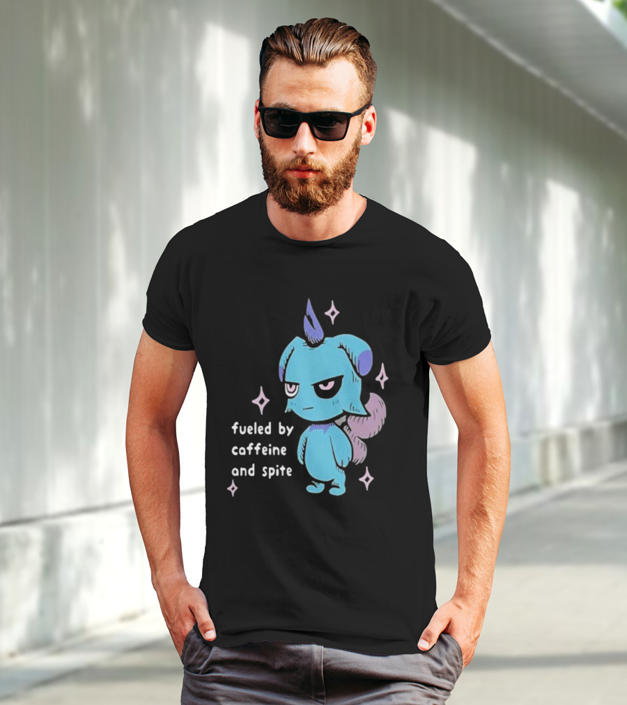 Palworld Fueled By Caffeine And Spite Blue Creature With Pink Stars T-Shirt
