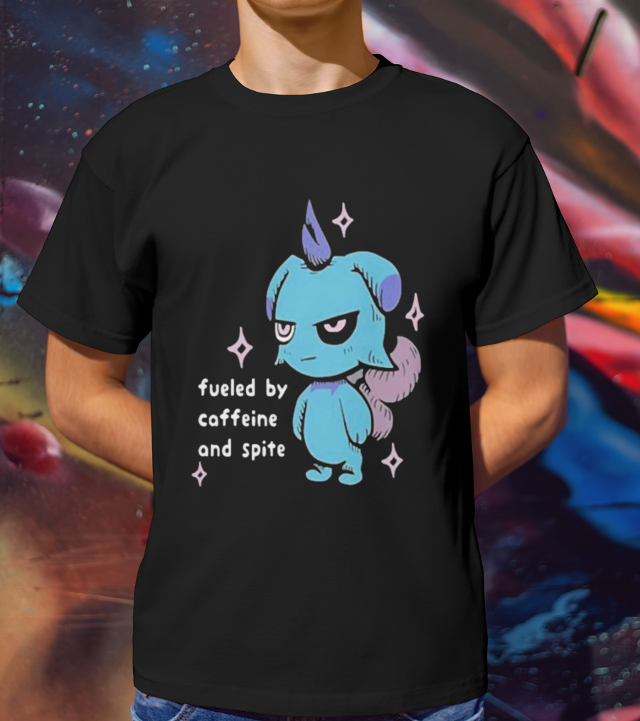 Palworld Fueled By Caffeine And Spite Blue Creature With Pink Stars T-Shirt