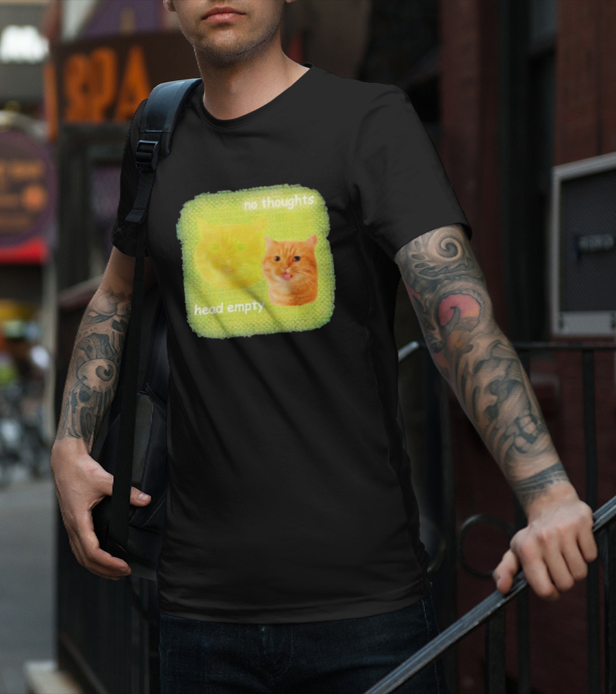 No Thoughts Head Empty Cat Meme Green Background T-Shirt