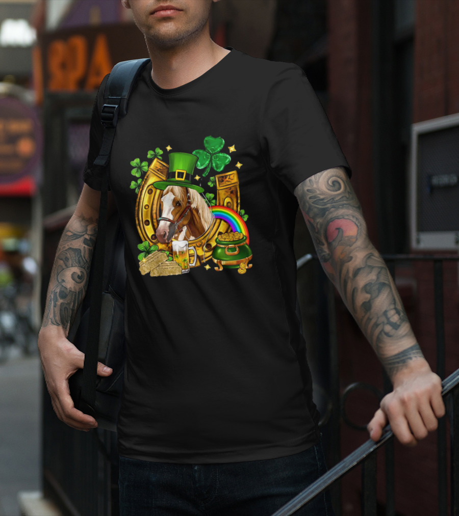Horse Luck Gold Leprechaun Hat Shamrock Horseshoe Pot Of Gold Rainbow T-Shirt