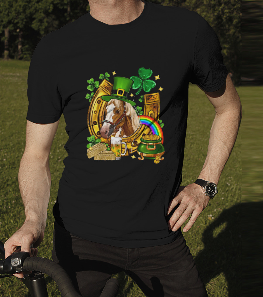 Horse Luck Gold Leprechaun Hat Shamrock Horseshoe Pot Of Gold Rainbow T-Shirt