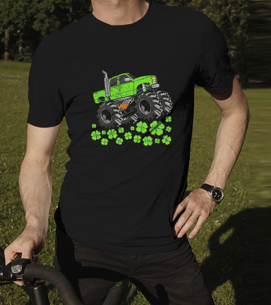 Kids Boys St Patricks Day Toddler Lucky Green Monster Truck With Shamrocks T-Shirt
