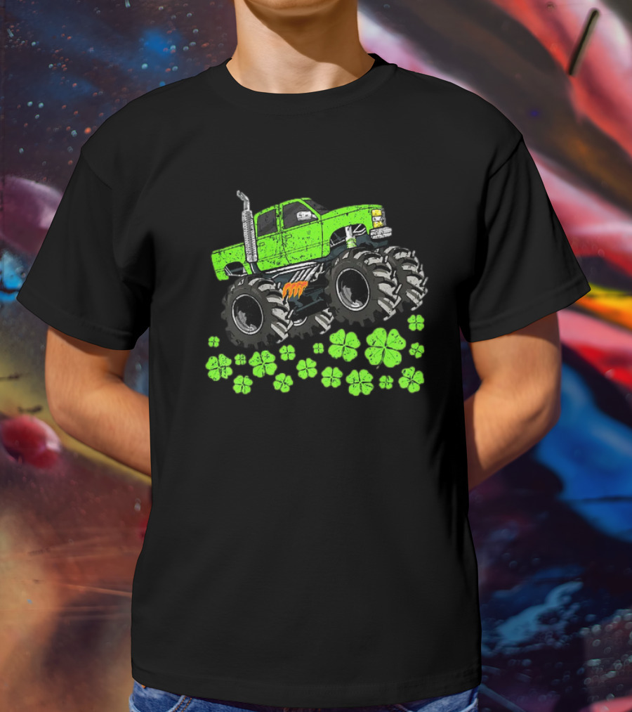 Kids Boys St Patricks Day Toddler Lucky Green Monster Truck With Shamrocks T-Shirt