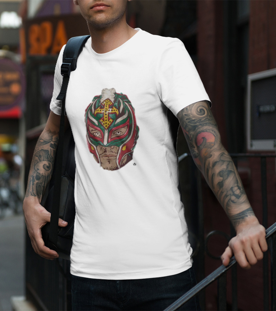 Men's Black Rey Mysterio Mask Face With Colorful Wrestling Headdress And Cross T-Shirt