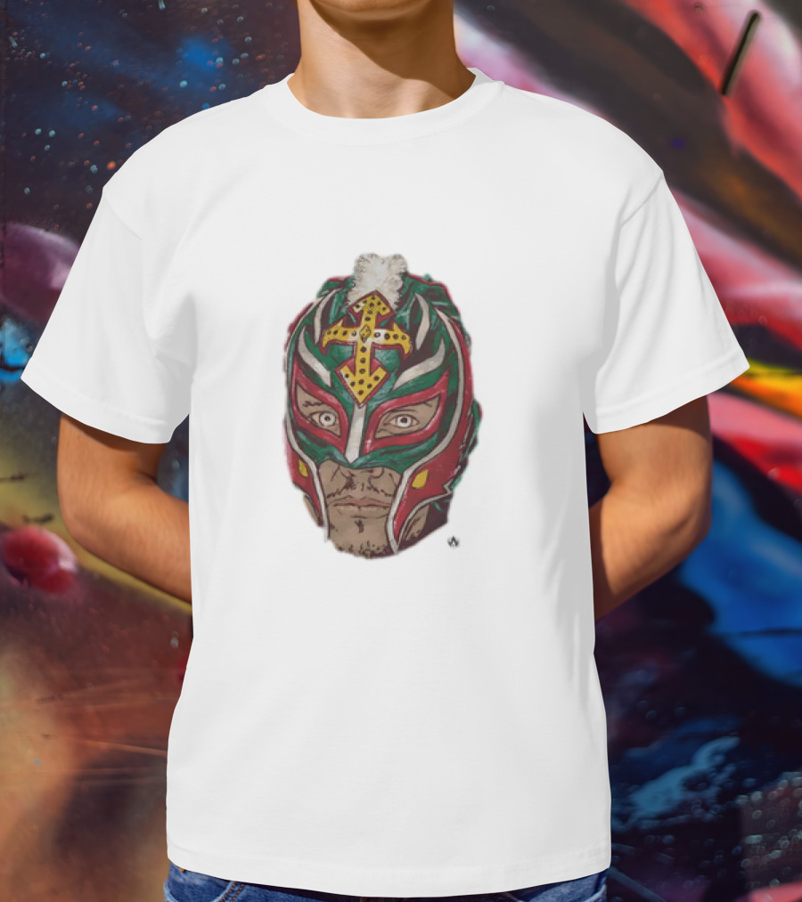 Men's Black Rey Mysterio Mask Face With Colorful Wrestling Headdress And Cross T-Shirt