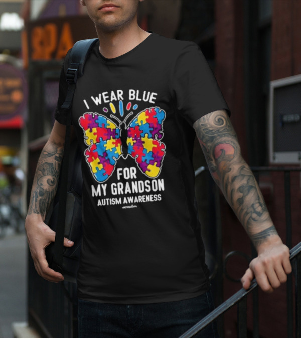 I Wear Blue Butterfly Puzzle My Grandson Autism Awareness T-Shirt
