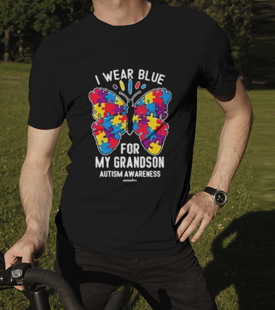 I Wear Blue Butterfly Puzzle My Grandson Autism Awareness T-Shirt