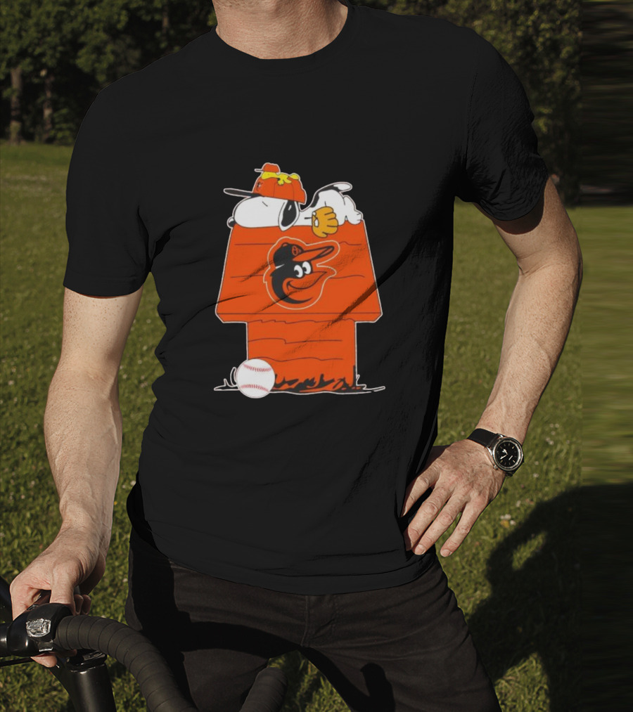 Snoopy And Woodstock Sleeping On Baltimore Orioles Themed Doghouse With Baseball T-Shirt