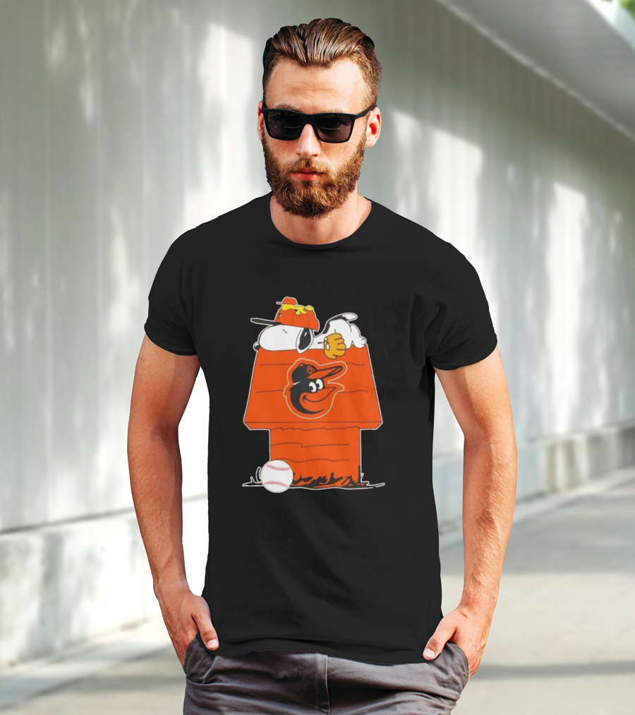 Snoopy And Woodstock Sleeping On Baltimore Orioles Themed Doghouse With Baseball T-Shirt