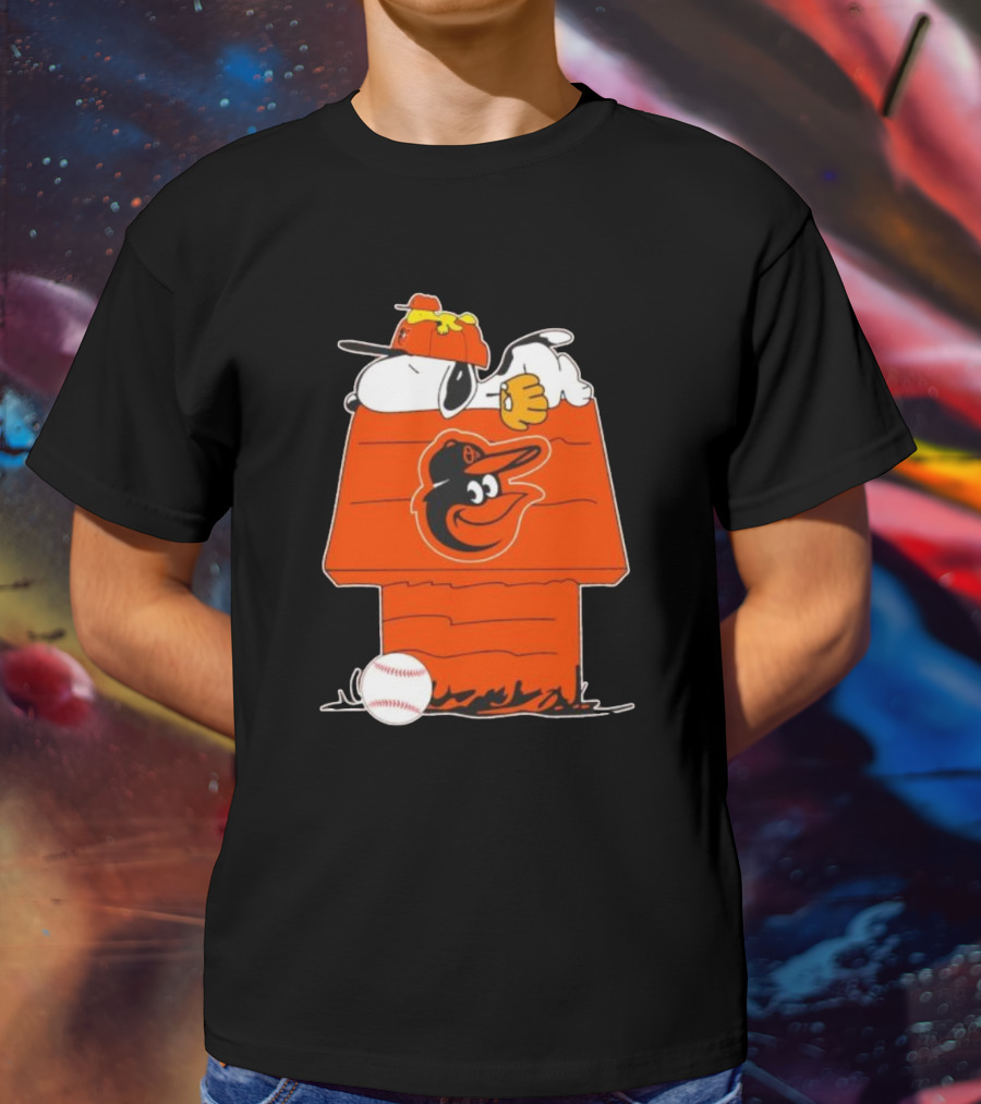 Snoopy And Woodstock Sleeping On Baltimore Orioles Themed Doghouse With Baseball T-Shirt
