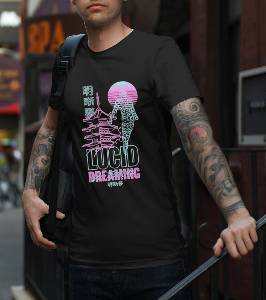 Lucid Dreaming Tokyo Japan Neon Pagoda And Wireframe Figure T-Shirt