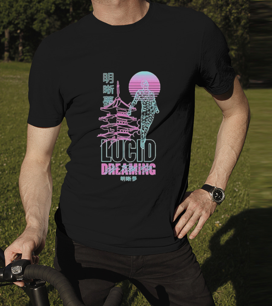 Lucid Dreaming Tokyo Japan Neon Pagoda And Wireframe Figure T-Shirt