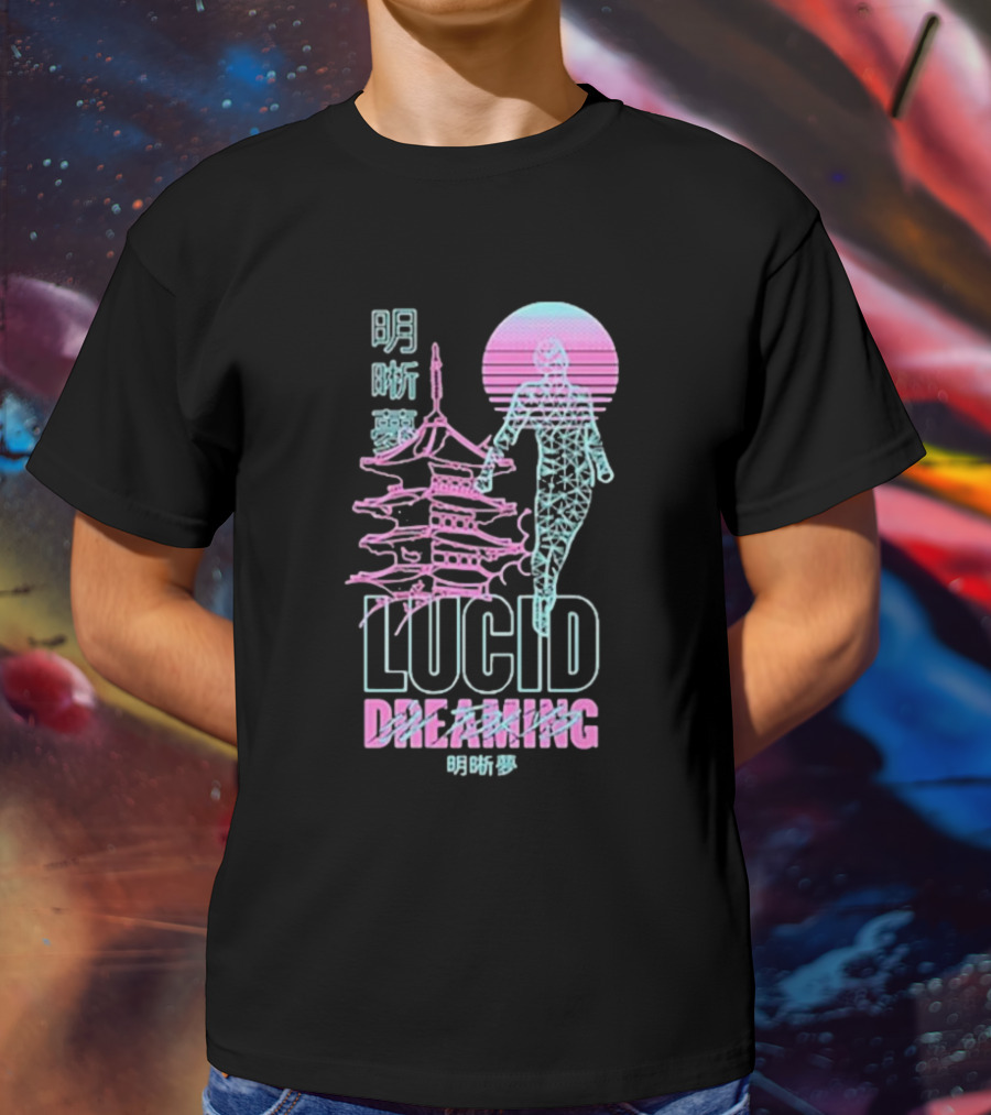 Lucid Dreaming Tokyo Japan Neon Pagoda And Wireframe Figure T-Shirt