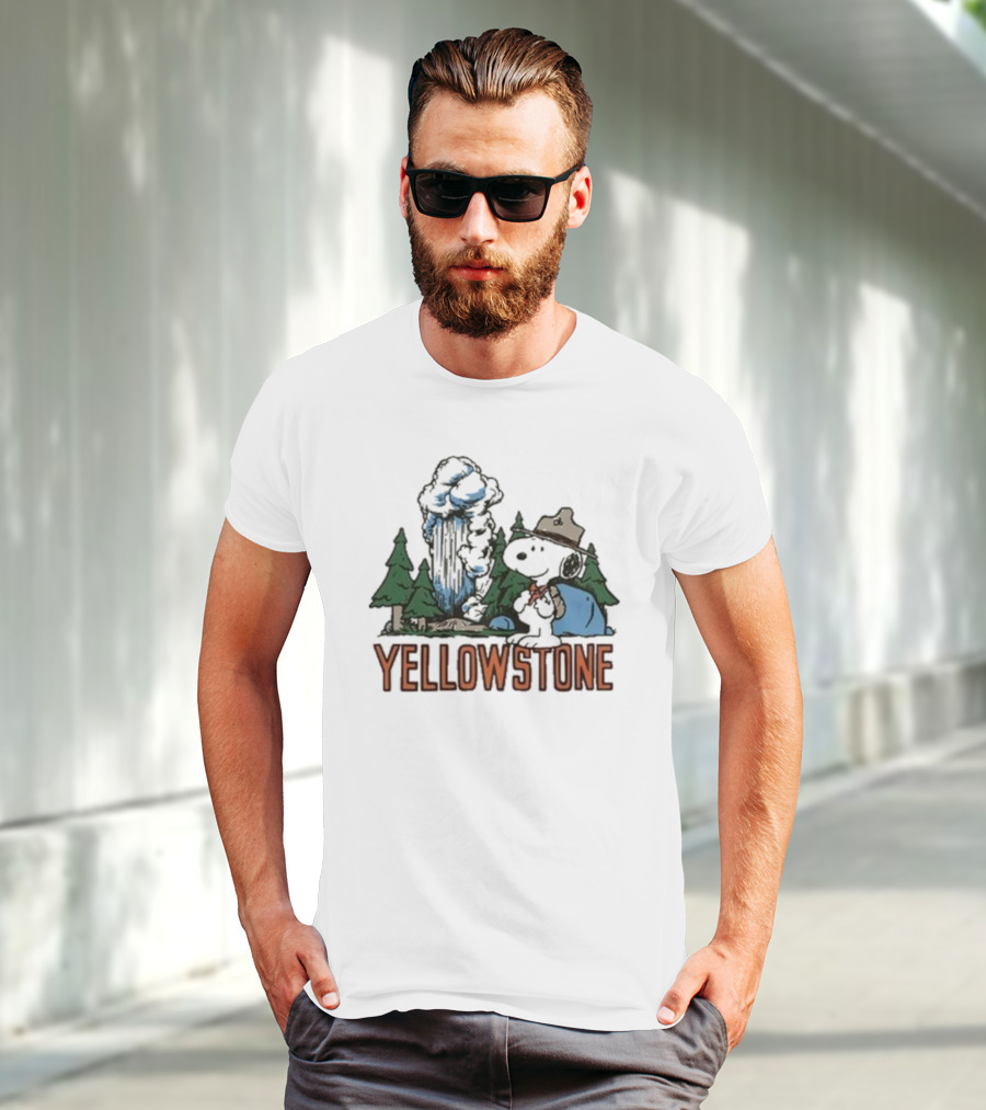 Peanuts Snoopy Yellowstone Camping Scene With Geyser And Forest T-Shirt