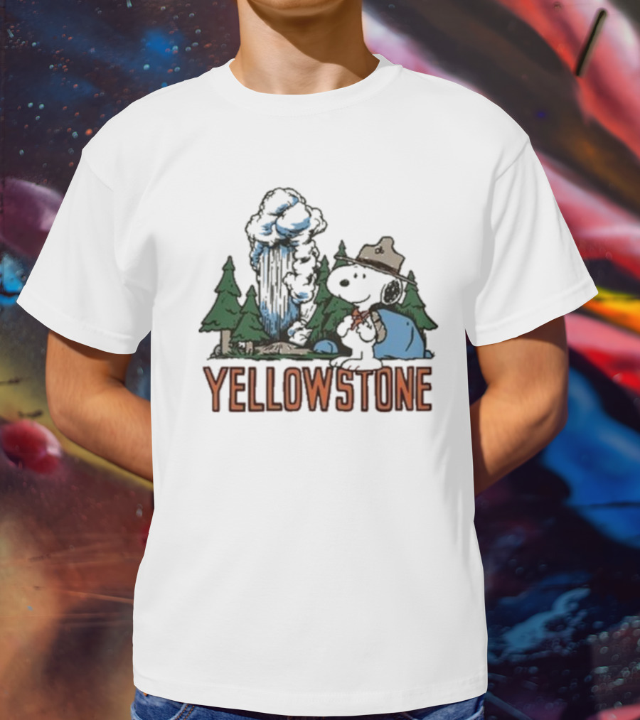 Peanuts Snoopy Yellowstone Camping Scene With Geyser And Forest T-Shirt