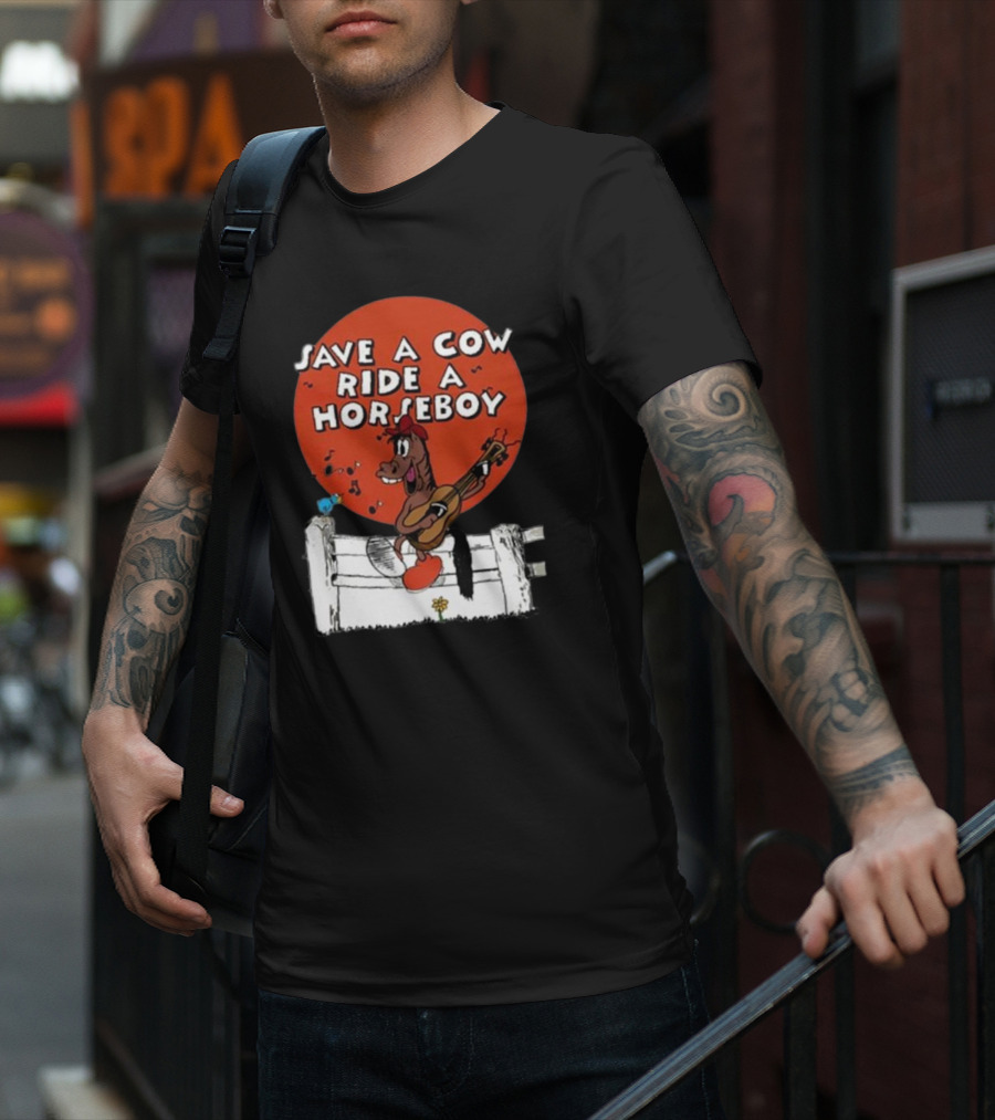 Save A Cow Ride A Horseboy Cartoon Horse Playing Guitar T-Shirt