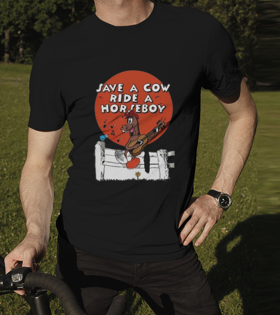 Save A Cow Ride A Horseboy Cartoon Horse Playing Guitar T-Shirt