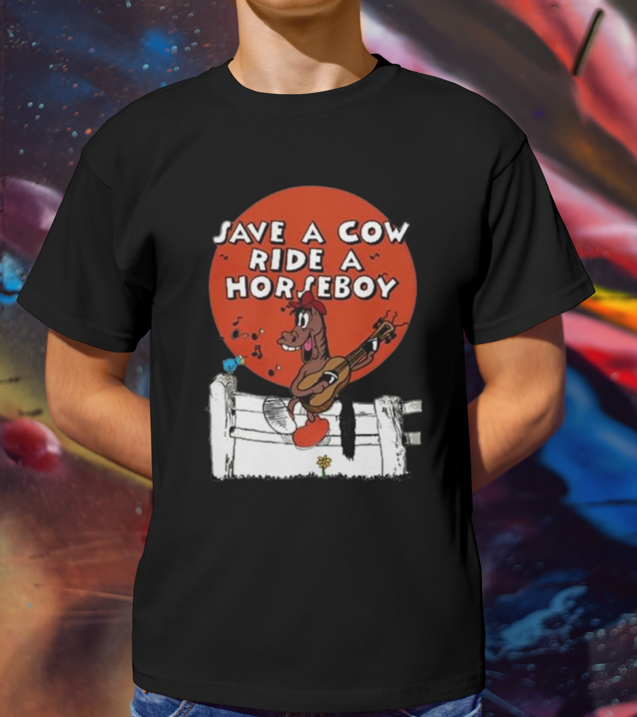 Save A Cow Ride A Horseboy Cartoon Horse Playing Guitar T-Shirt