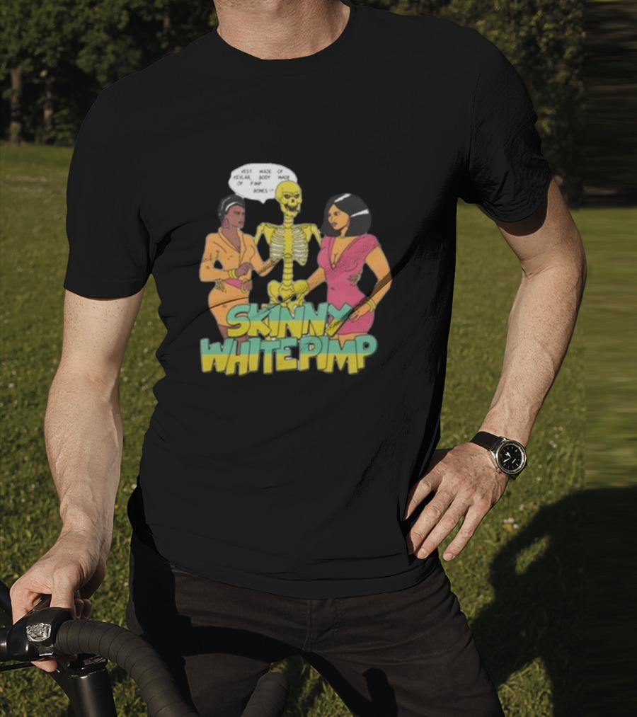 Team SESH Skinny White Pimp Cartoon Skeleton With Women T-Shirt