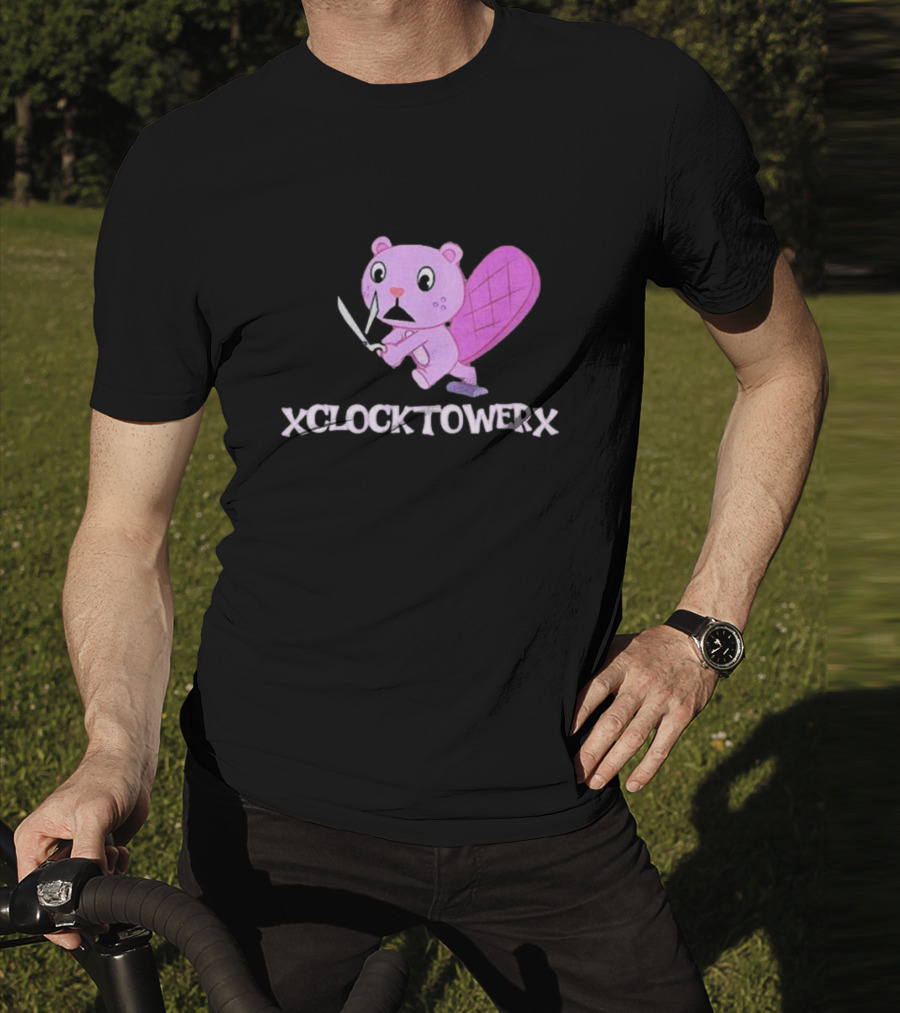 XCLOCKTOWERX Running With Scissors Pink Cartoon Beaver T-Shirt