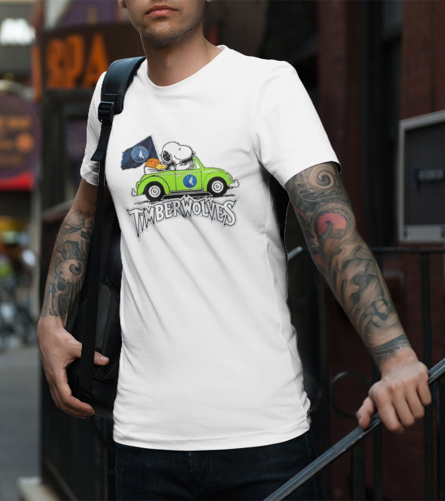 Minnesota Timberwolves Snoopy Forever Fan Driving Car With Timberwolves Flag T-Shirt