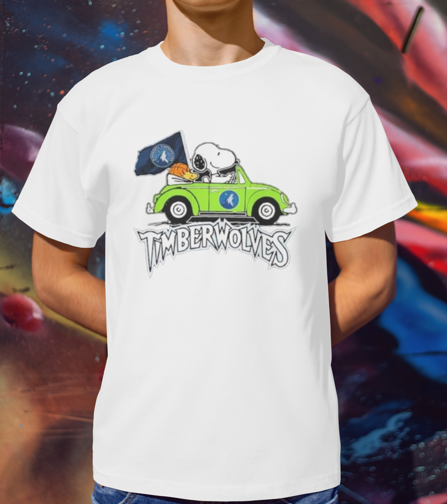 Minnesota Timberwolves Snoopy Forever Fan Driving Car With Timberwolves Flag T-Shirt